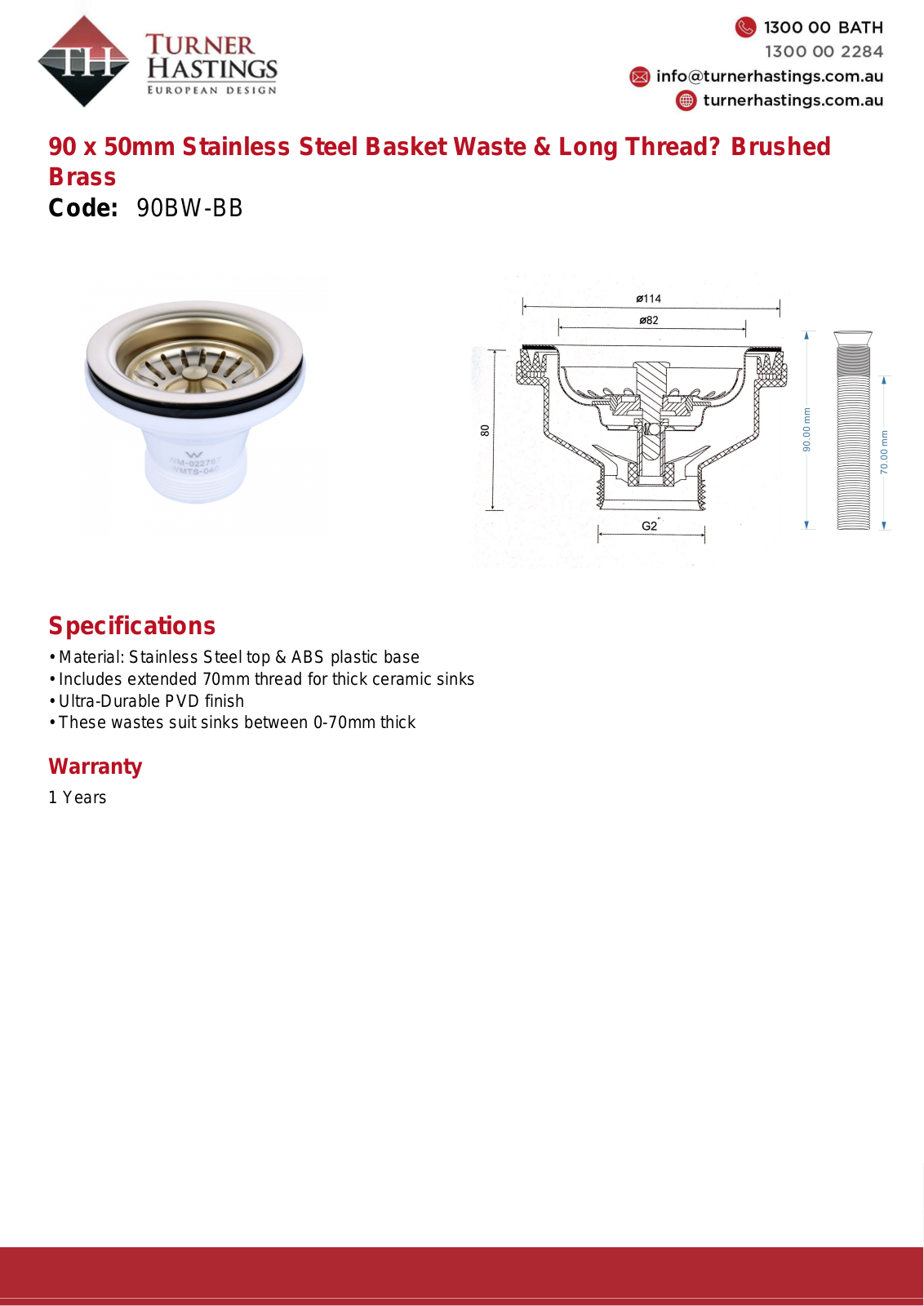 Turner Hastings 90BW-BB Specifications Sheet