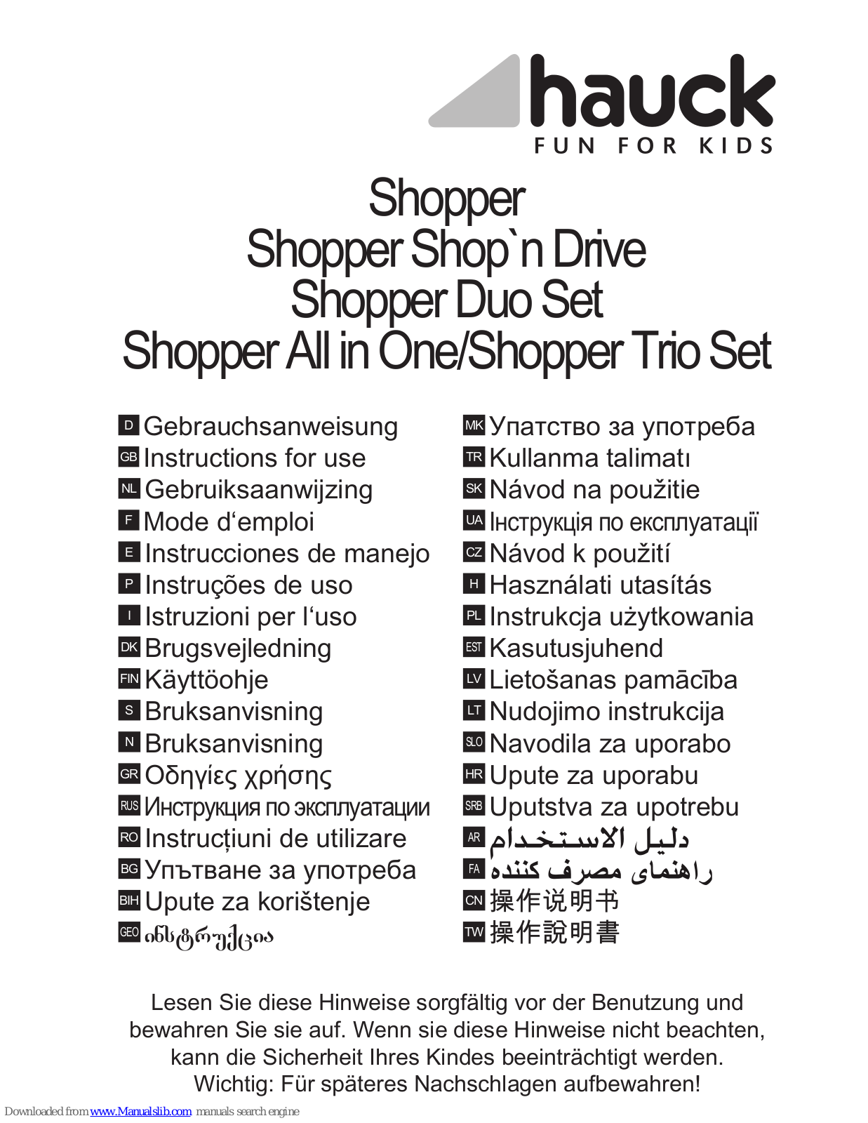 Hauck Shopper Duo Set, Shopper Shop`n Drive, Shopper All in One, Shopper Trio Set Instructions For Use Manual