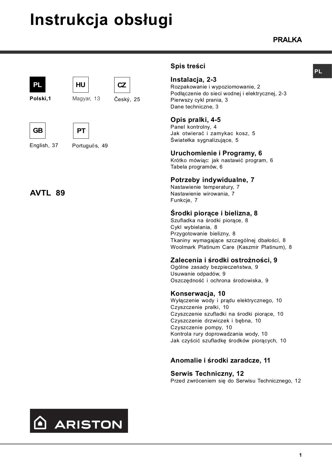 Ariston AVTL89 User Manual