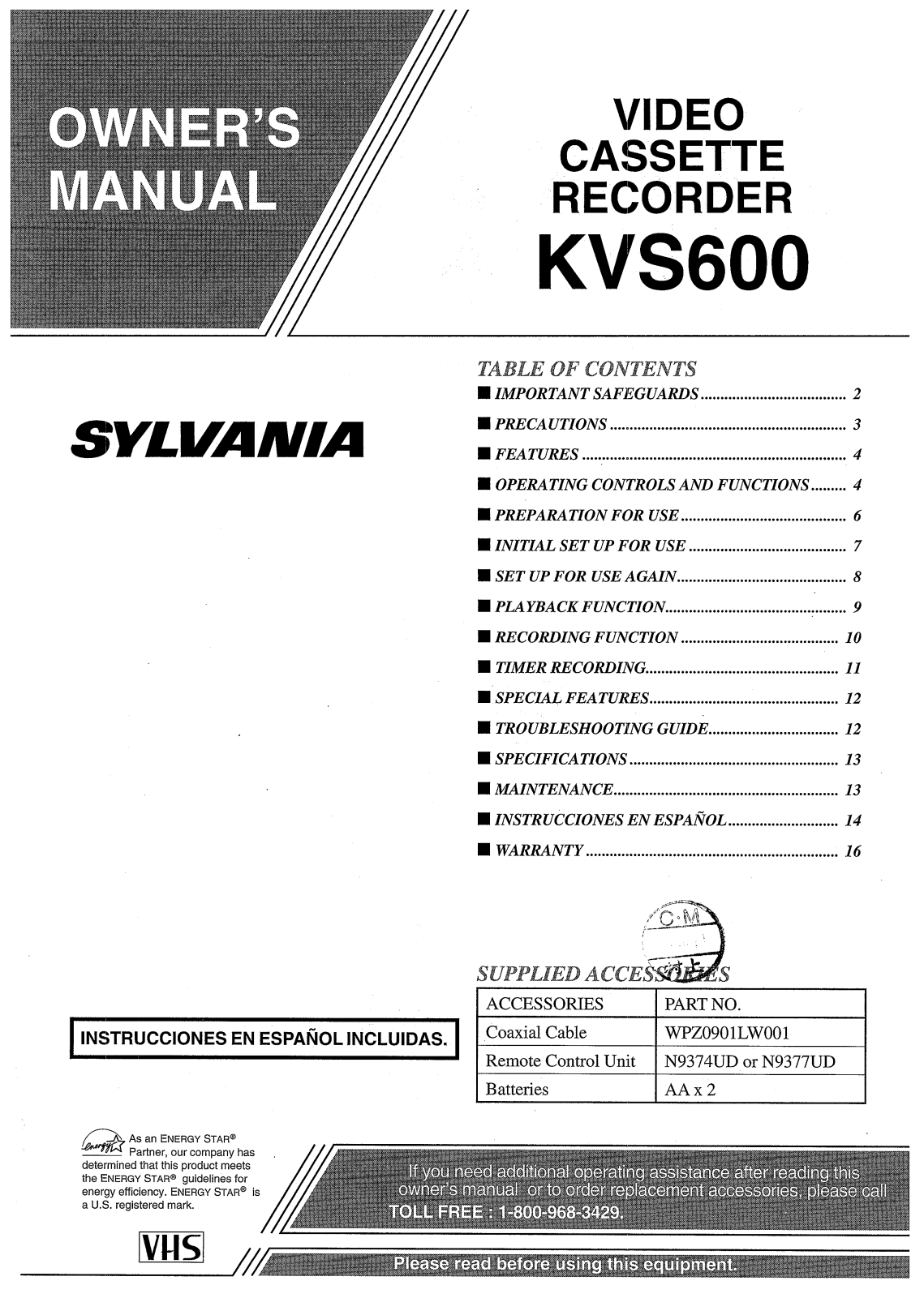 Funai KVS600 User Manual