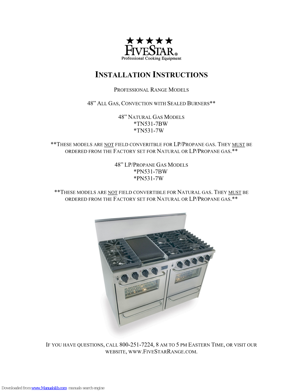 FiveStar PN531-7BW, PN531-7W, TN531-7BW, TN531-7W Installation Instructions Manual