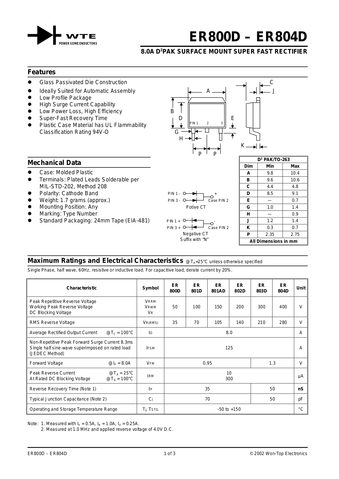 WTE ER803D-T3, ER802D-T3, ER804D-T3, ER801D-T3, ER801AD-T3 Datasheet