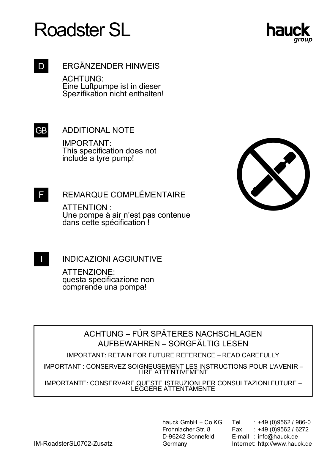 Hauck ROADSTER SL User Manual