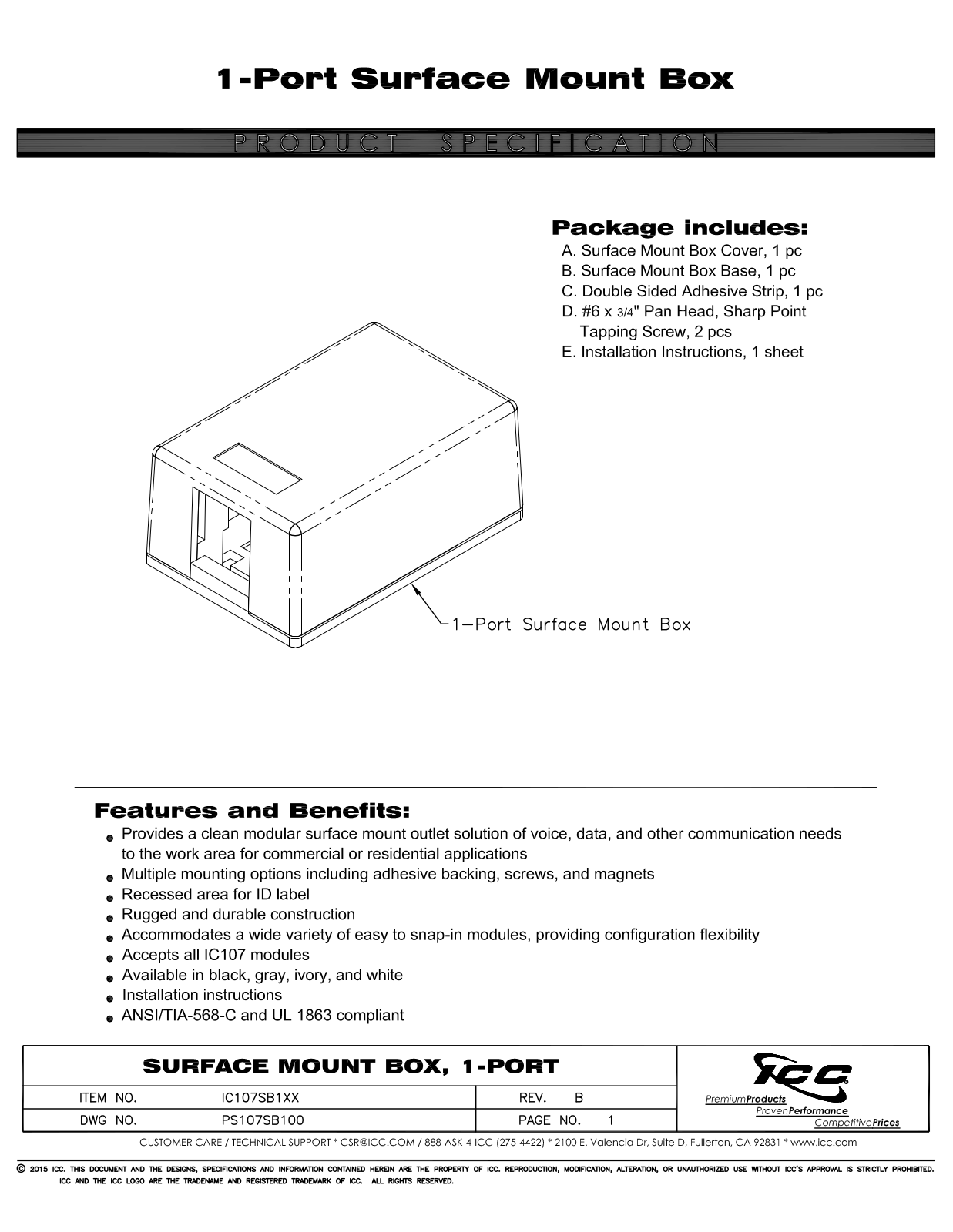 ICC IC107SB1BK, IC107SB1GY, IC107SB1IV, IC107SB1WH Specsheet