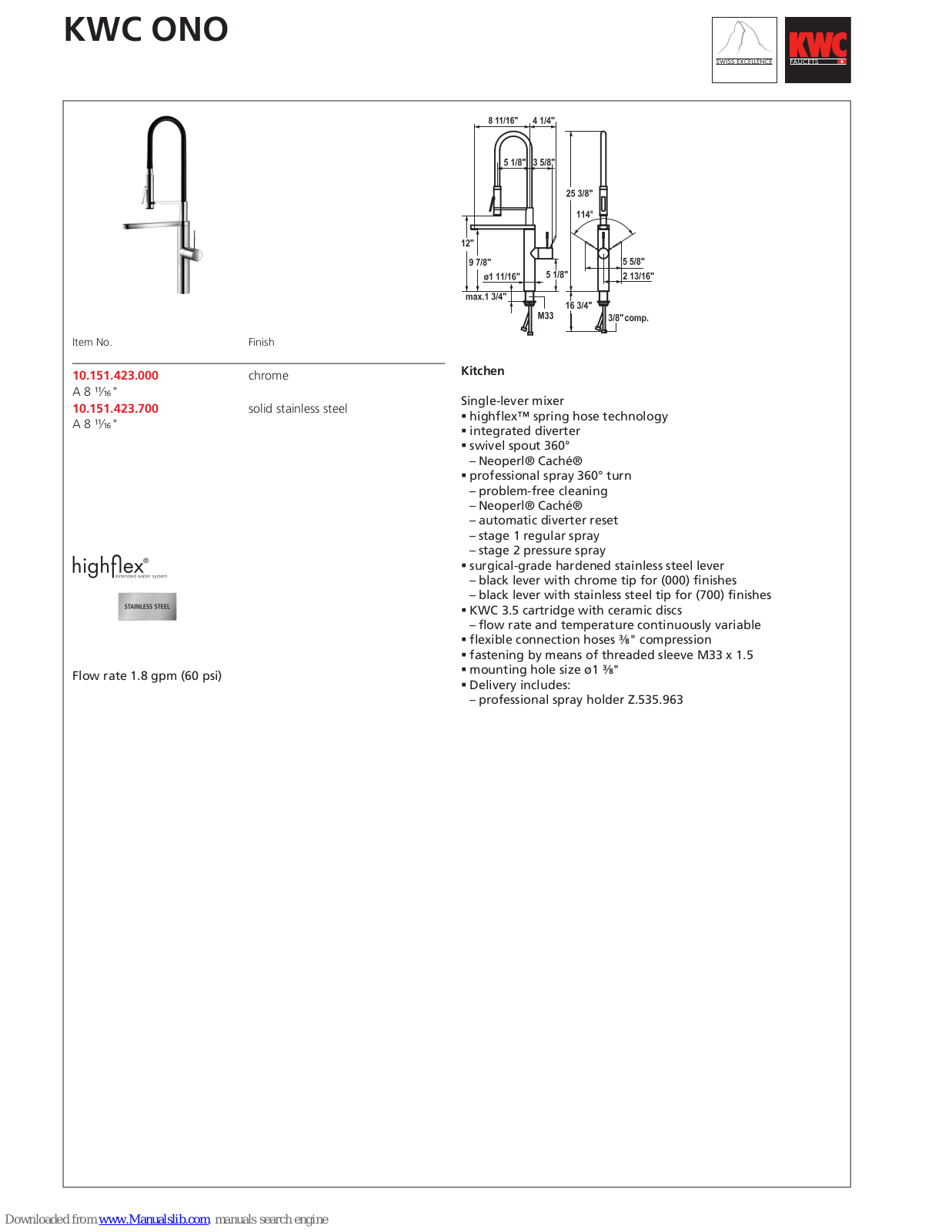 KWC ONO higflex 10.151.423.000, ONO 10.151.423.000, ONO 10.151.423.700 Specification Sheet