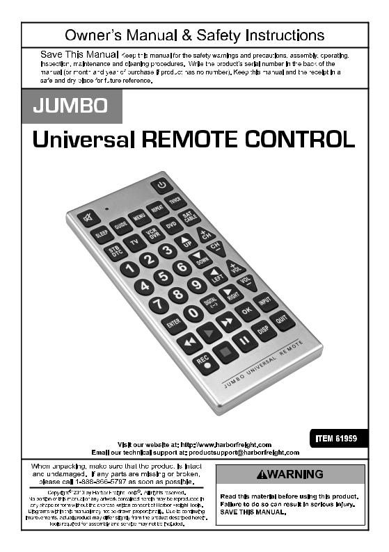 Harbor Freight Tools Jumbo Universal Remote Control Product manual