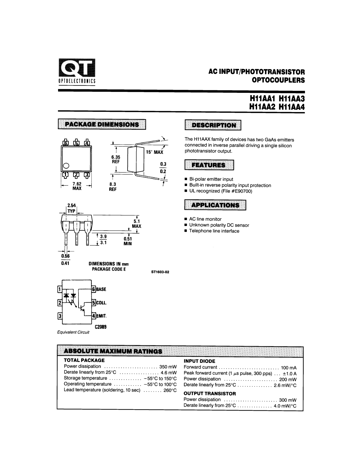 QT H11AA3, H11AA2, H11AA4, H11AA1 Datasheet