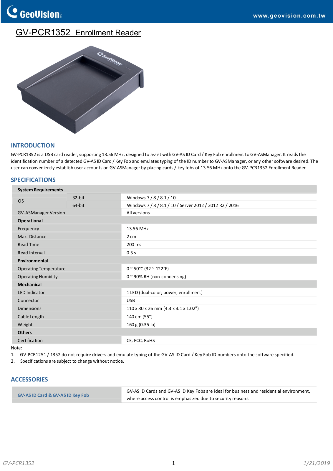 Geovision GV-PCR1352 Specsheet