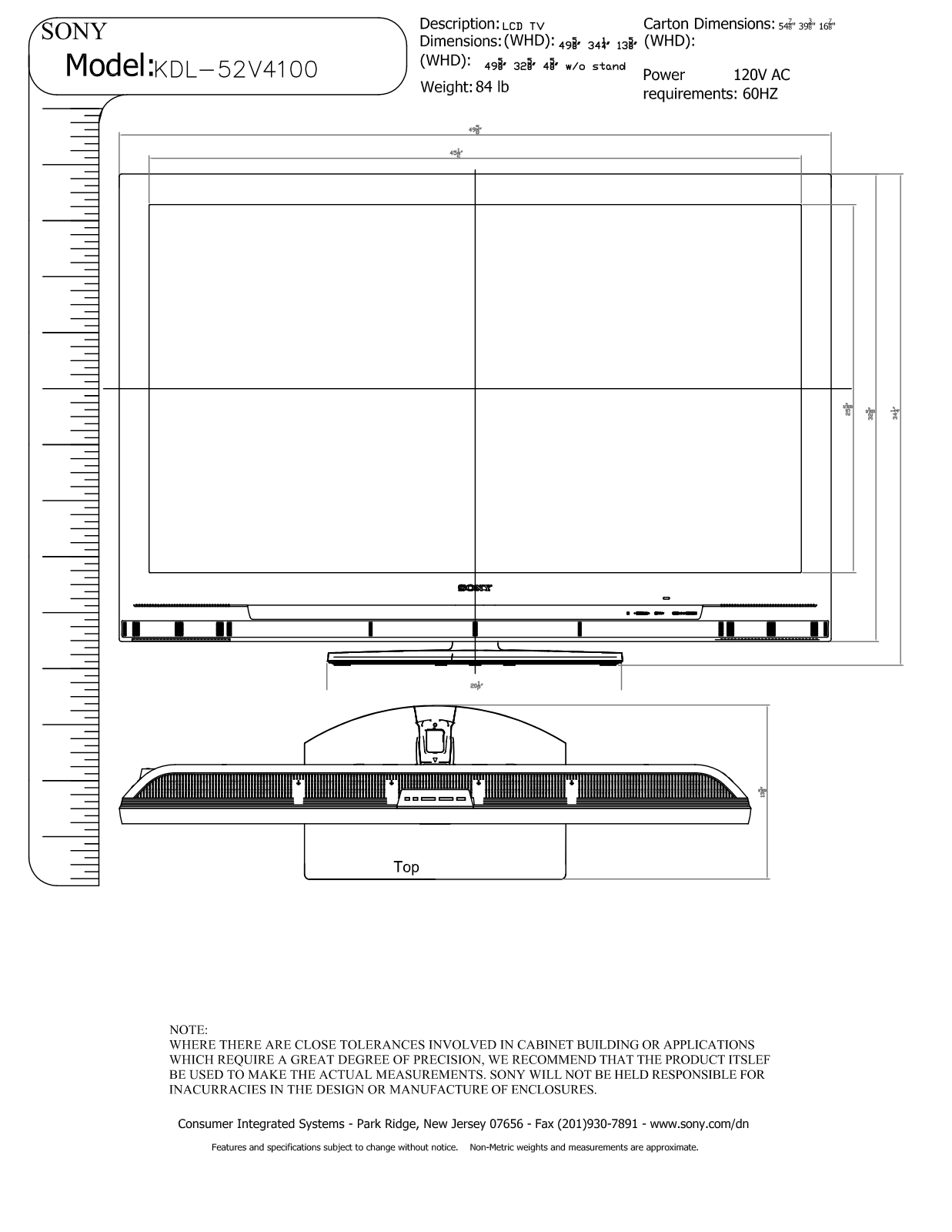 Sony KDL-52V4100 Dimensions Diagram