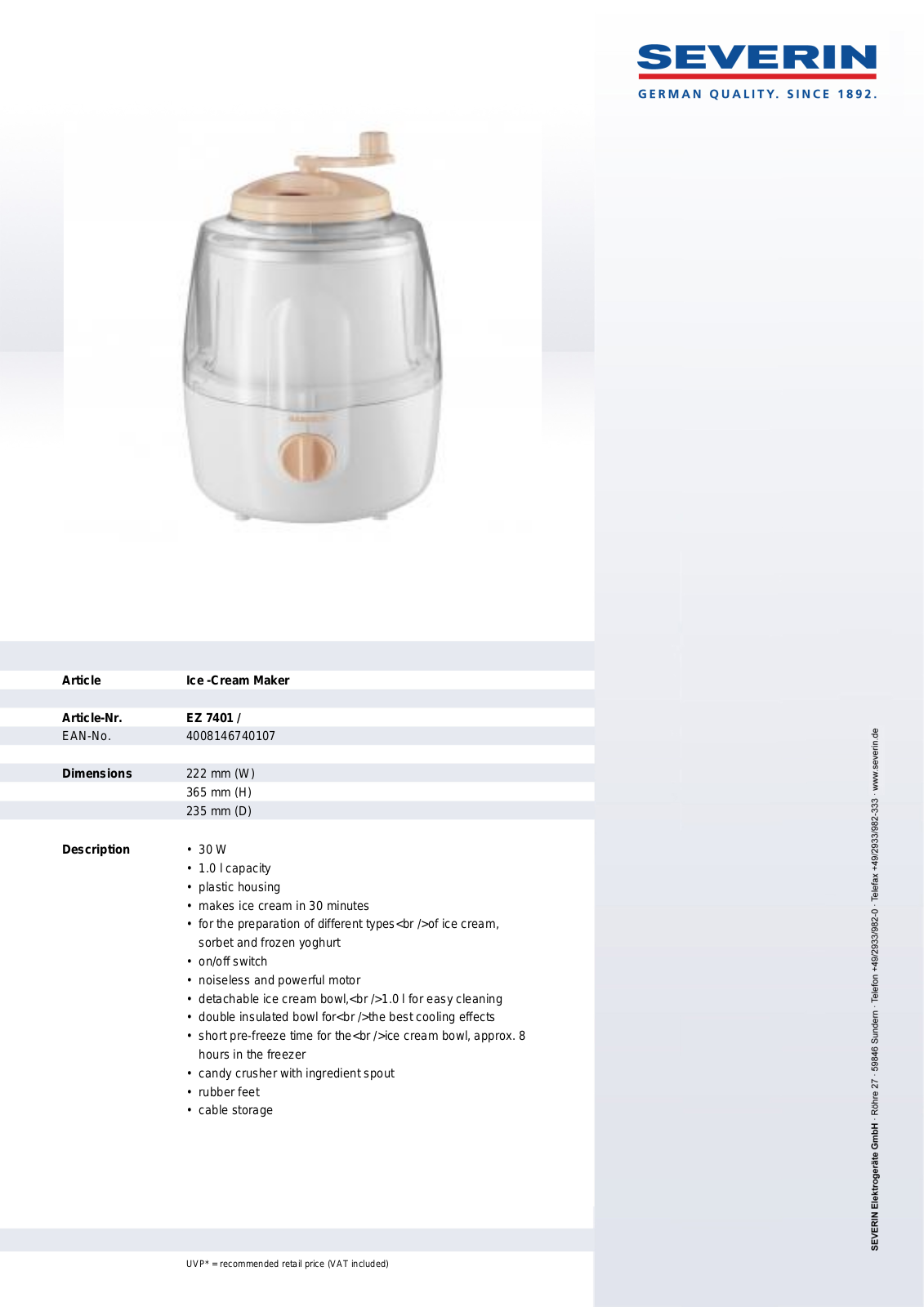 Severin ICE-CREAM MAKER, EZ 7401 User Manual