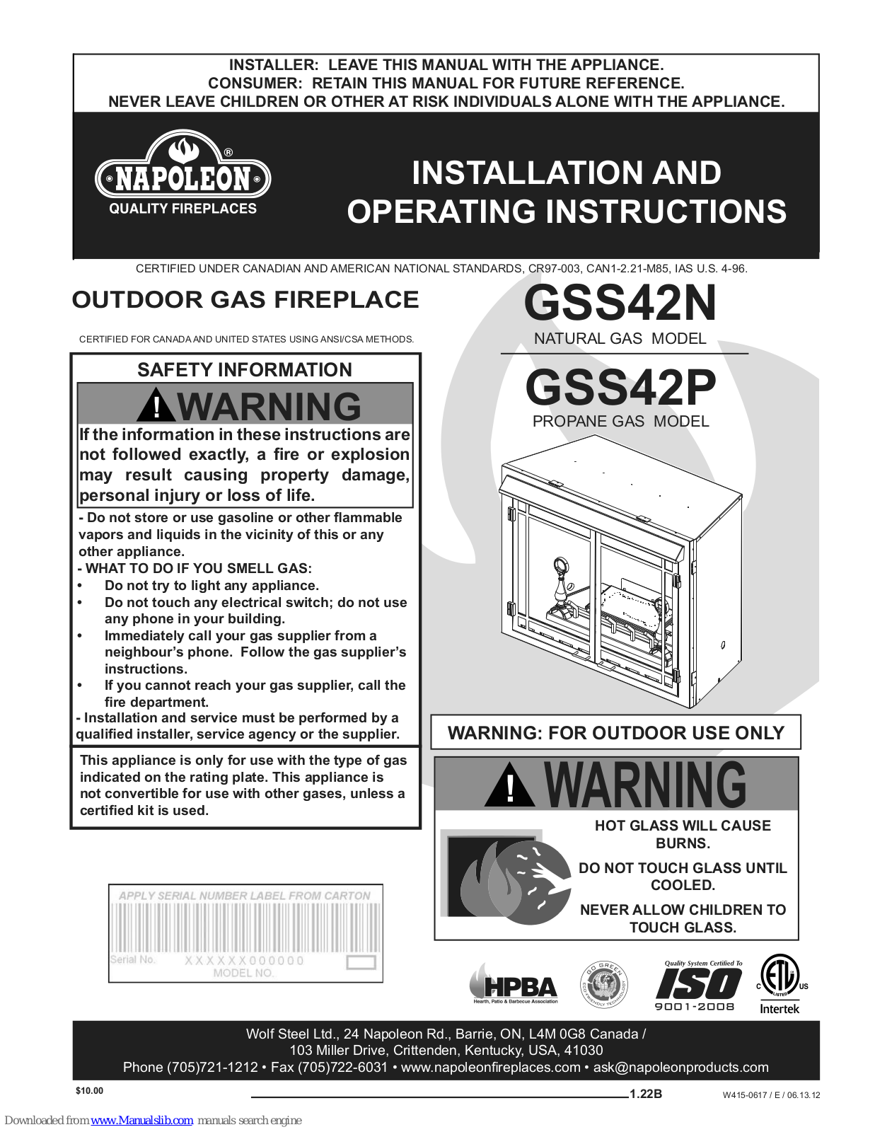 Napoleon GSS42N, GSS42P Installation And Operating Instructions Manual