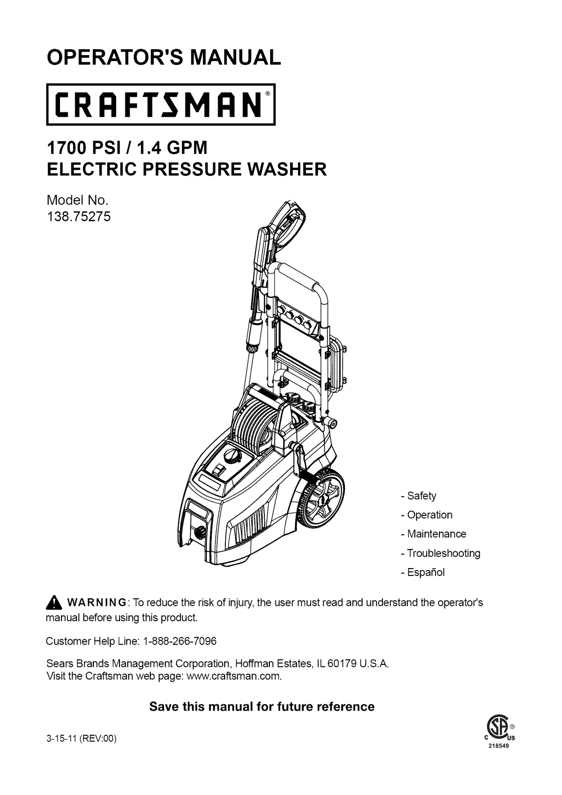 Craftsman 13875275 Owner’s Manual