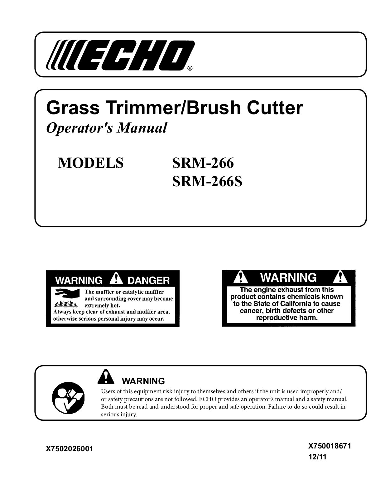 Echo X7502026001, SRM-266S, SRM-266, X750018671 User Manual