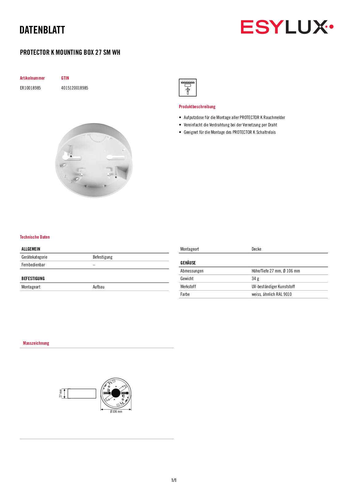 ESYLUX PROTECTOR K MOUNTING BOX 27 SM WH User Manual