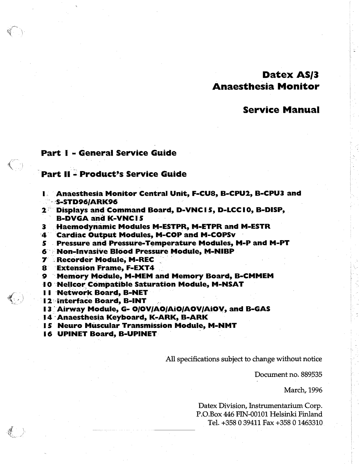 Datex-Ohmeda A-S3 Servive manual