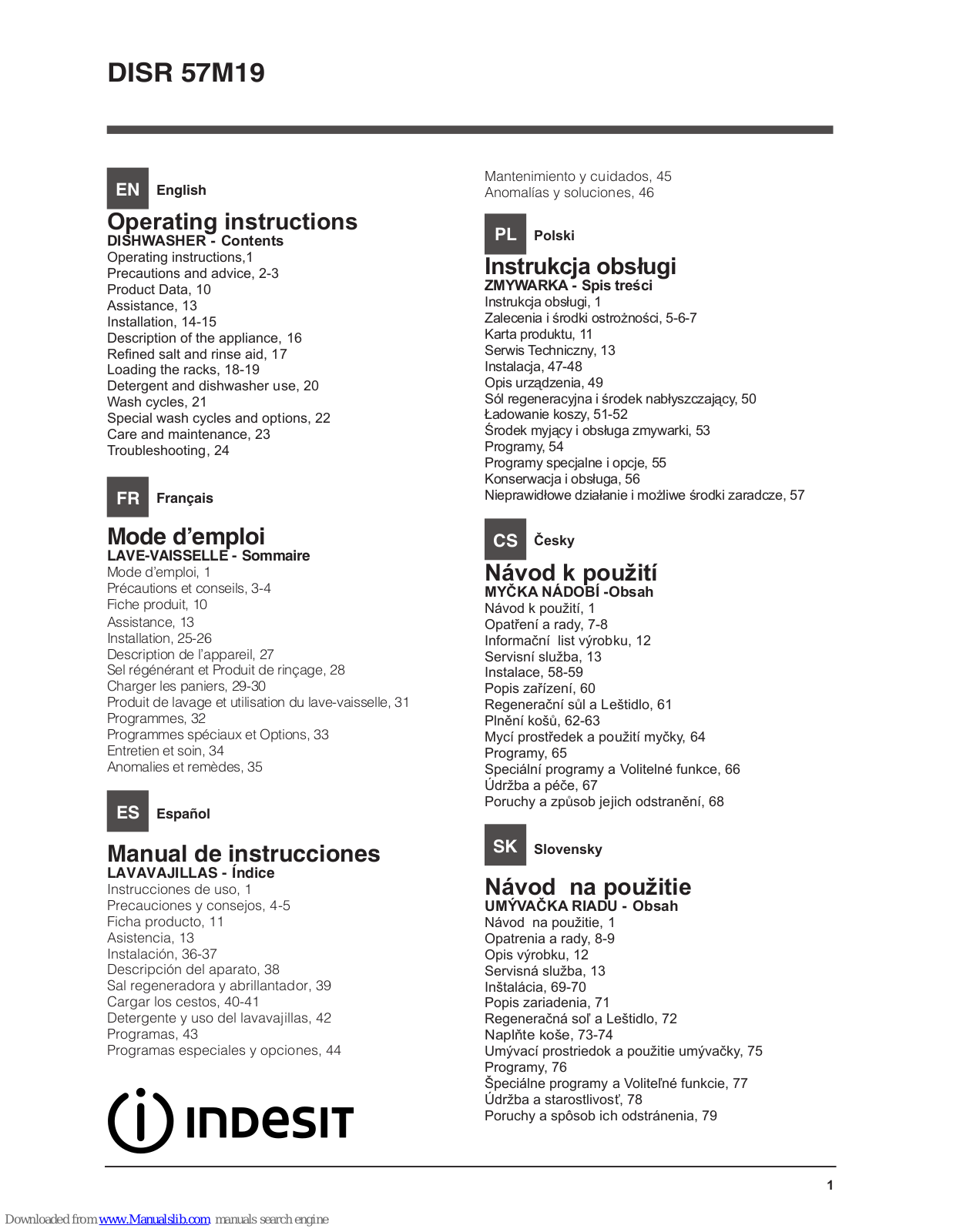 Indesit DISR 57M19, DISR 16B Operating Instructions Manual