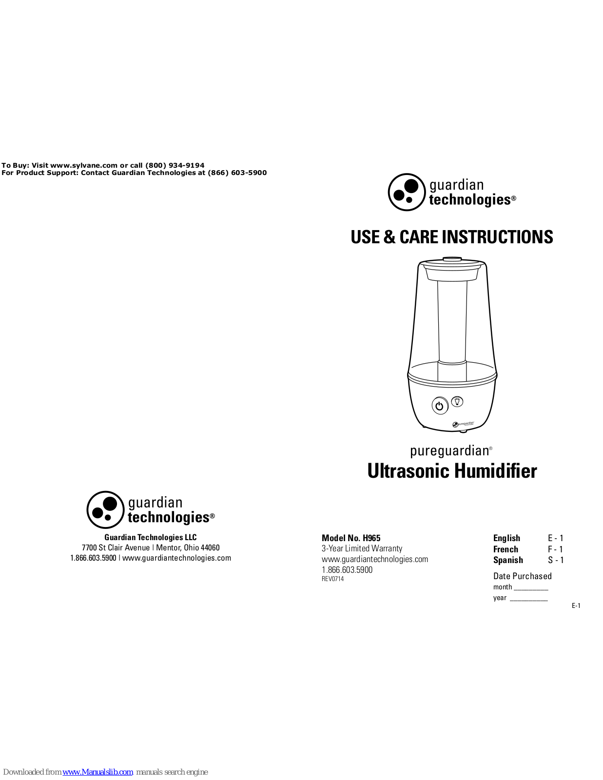 Guardian pureguardian, H1200, H1210 Use & Care Instructions Manual