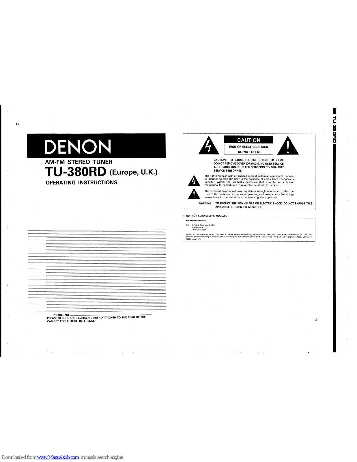 Denon TU-380RD Operating Instructions Manual