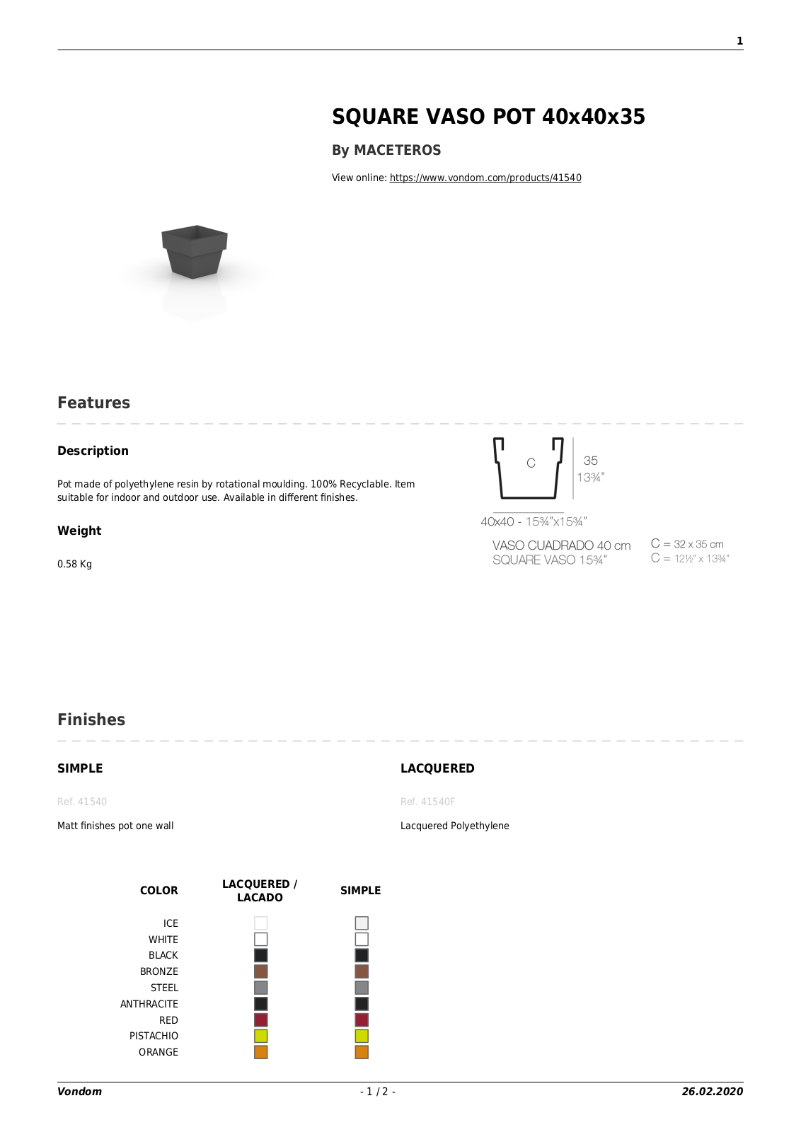 Vondom UCZW2602 Specifications - ManualMachine.com
