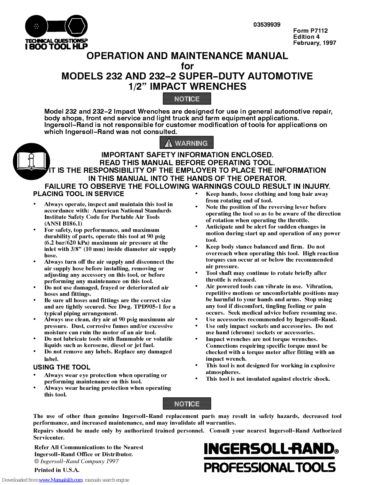 Ingersoll-Rand 232, 232-2 Operation And Maintenance Manual