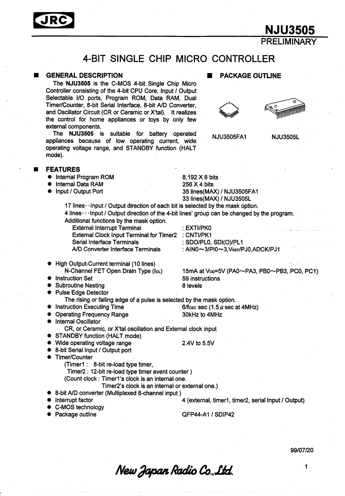 JRC NJU3505FA1, NJU3505L Datasheet