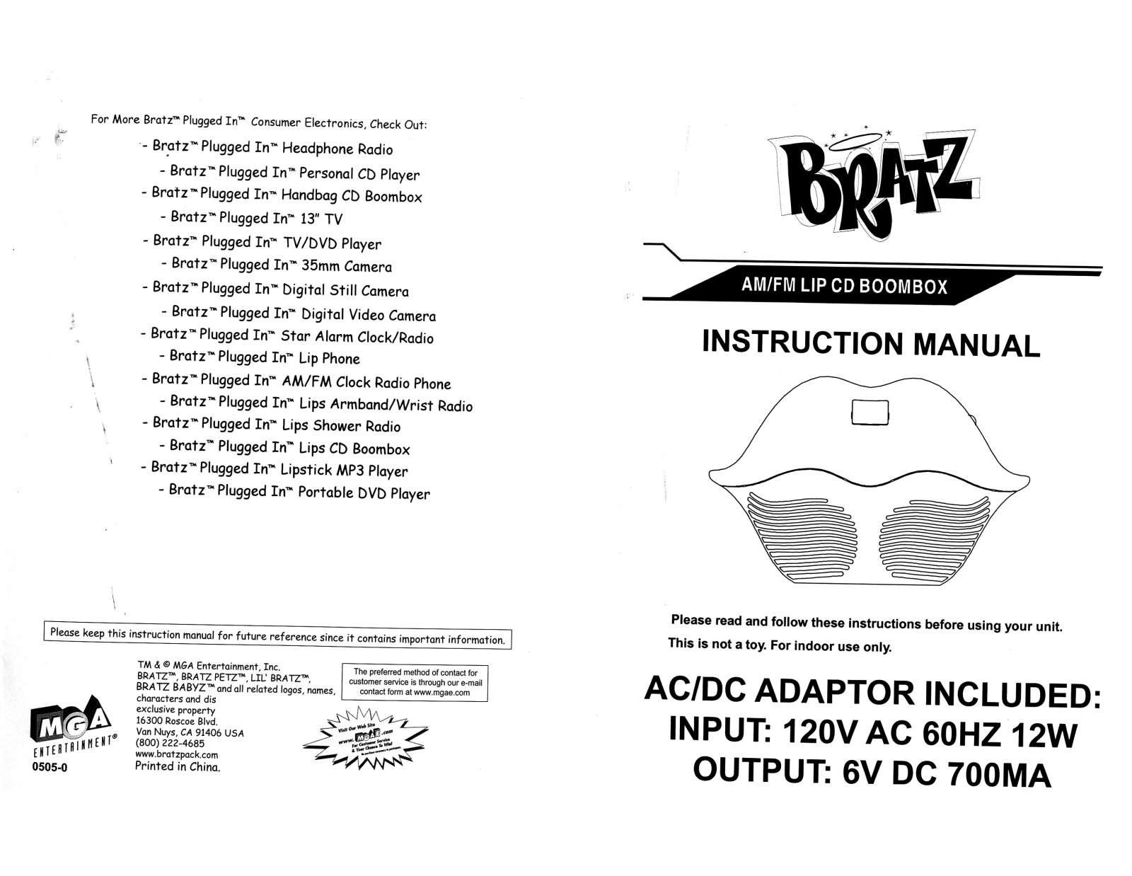 Mga Entertainment BRATZ AMFM CD LIP BOOM BOX COVER User Manual