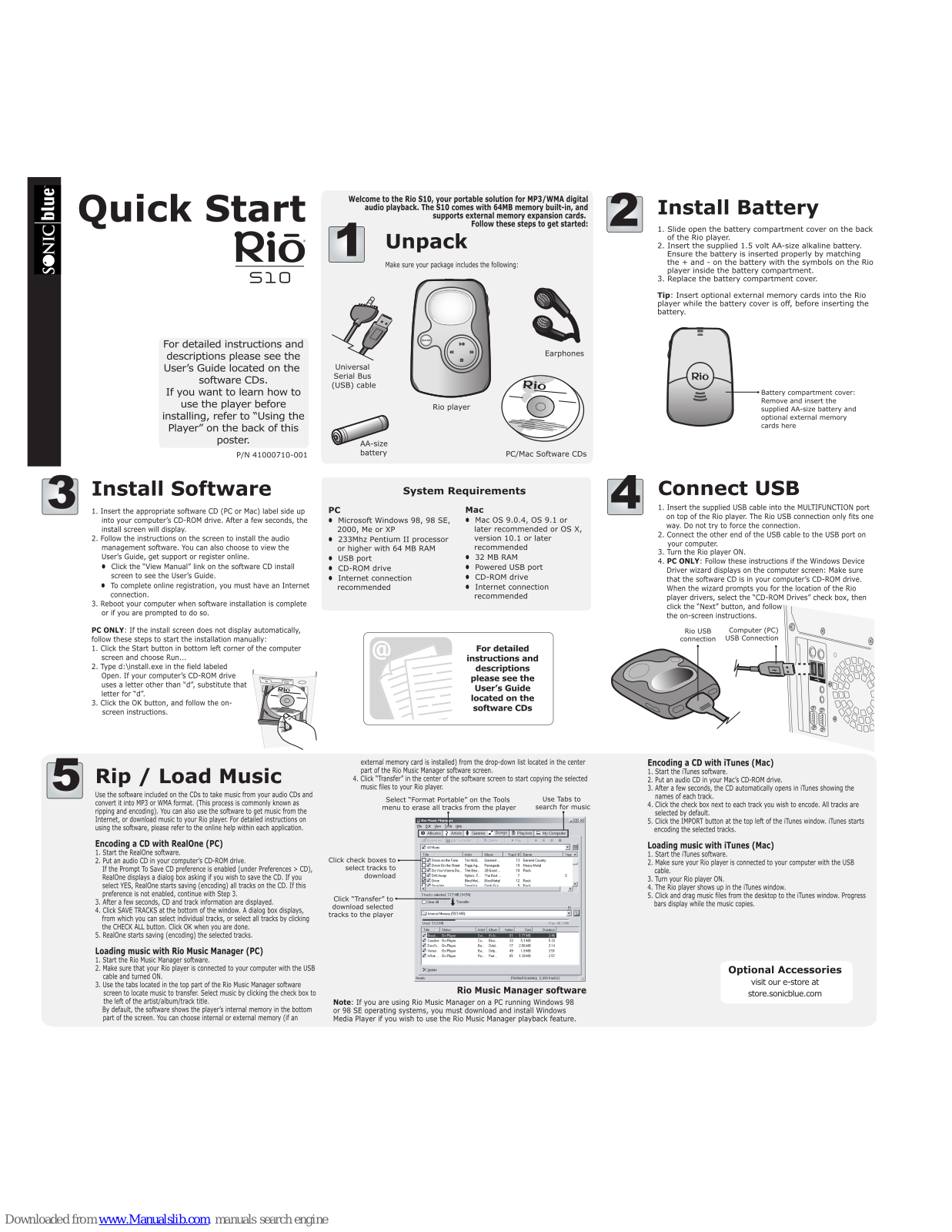 Sonic Blue Rio S10 Quick Start Manual