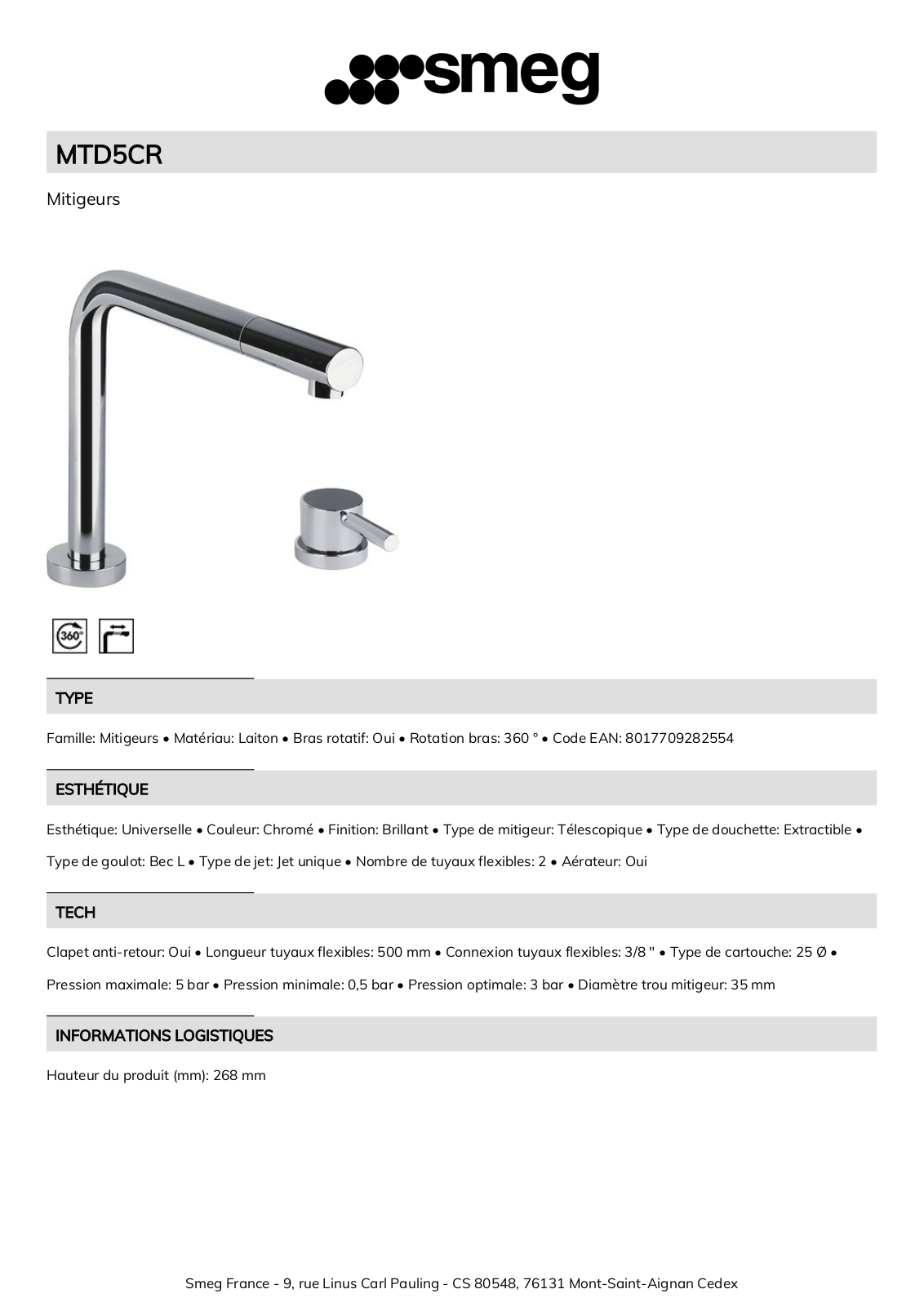 Smeg MTD5CR Product Information Sheet