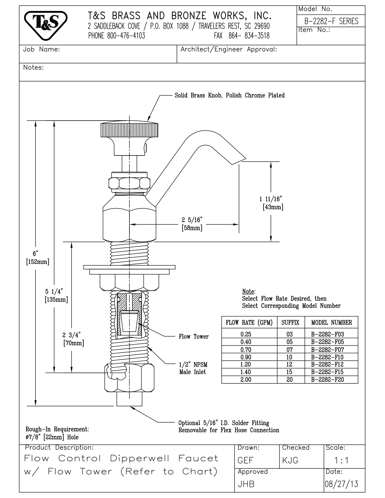 T&S Brass B-2282-F10, B-2282-F15, B-2282-F20 Parts List