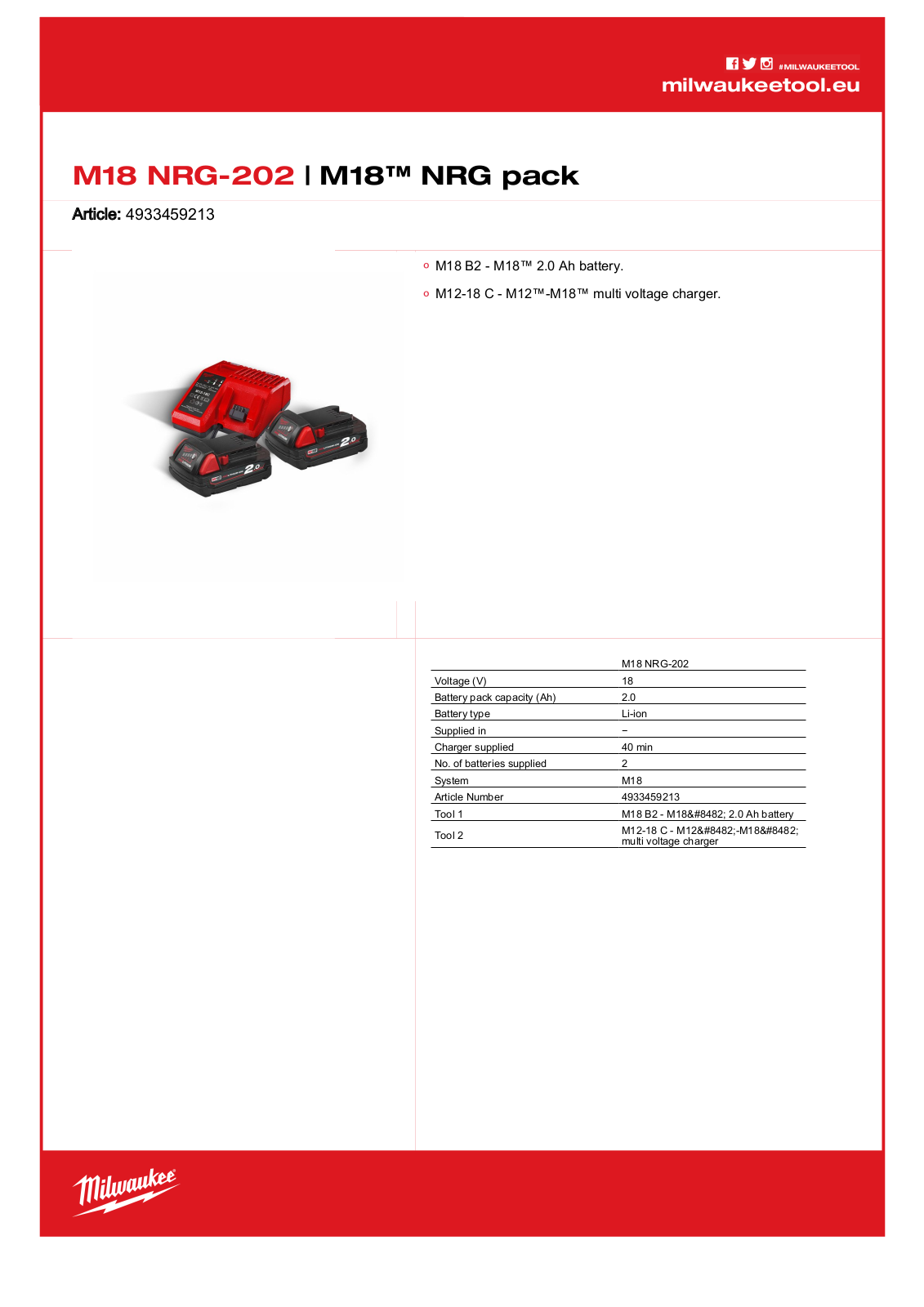 Milwaukee M18 NRG-202 User Manual