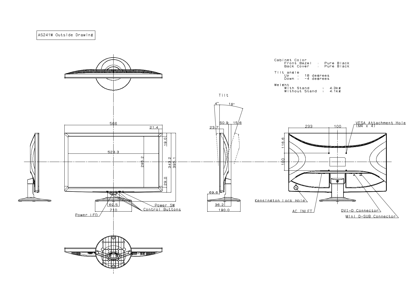 NEC AS241W-BK Mechanical Drawings