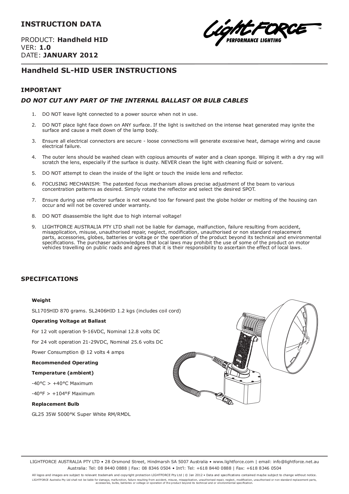 Lightforce HANDHELD SEARCHLIGHTS SL-HID User Manual - ManualMachine.com