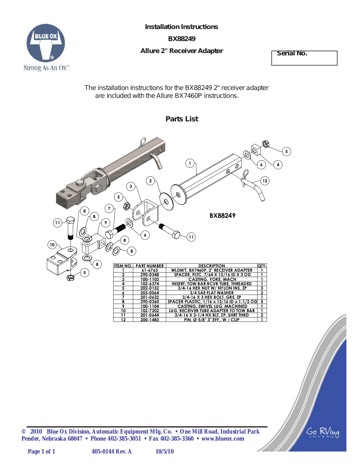 Blue Ox BX88249 User Manual