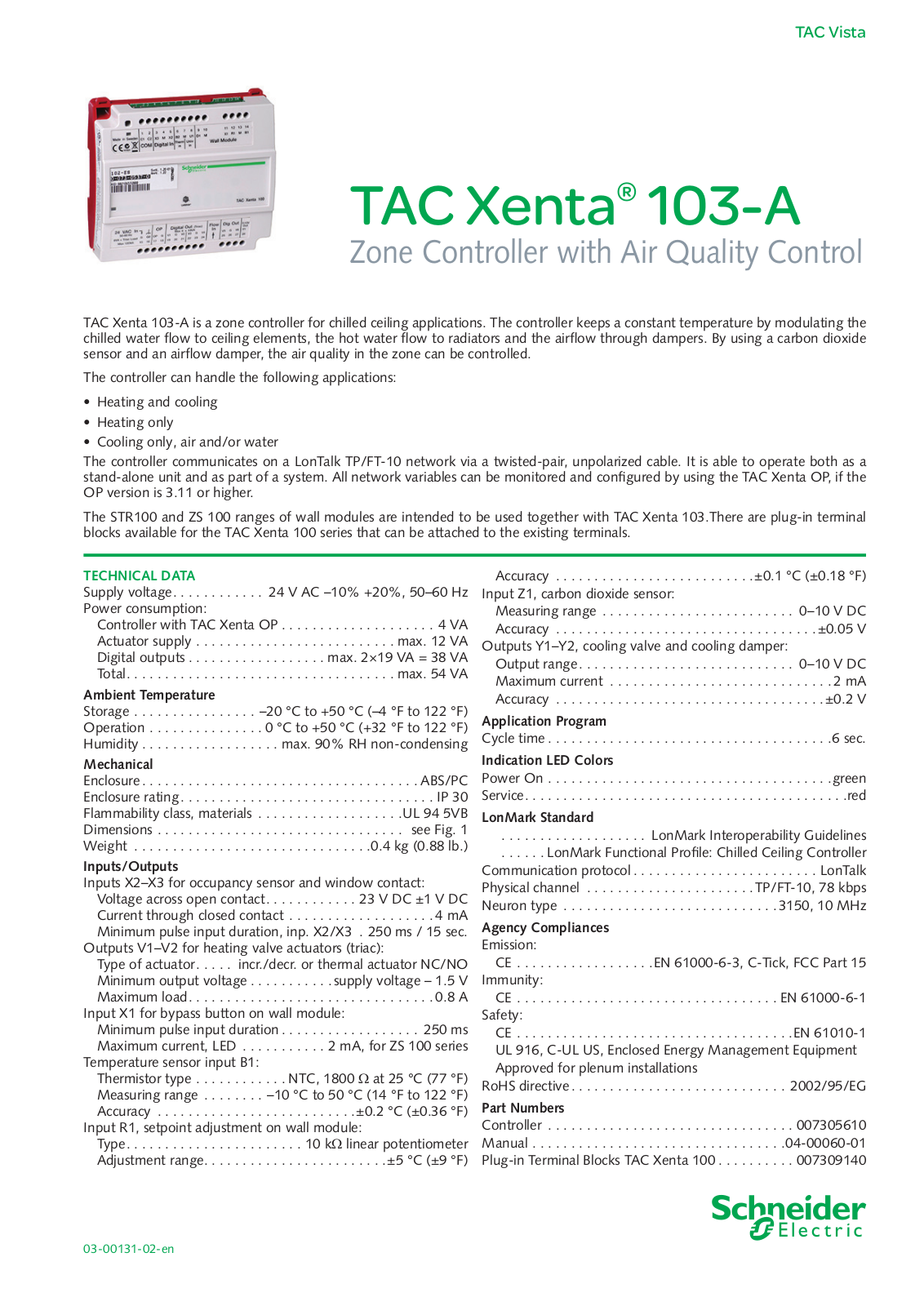 Schneider Electric TAC Xenta®  103-A Specification Sheet