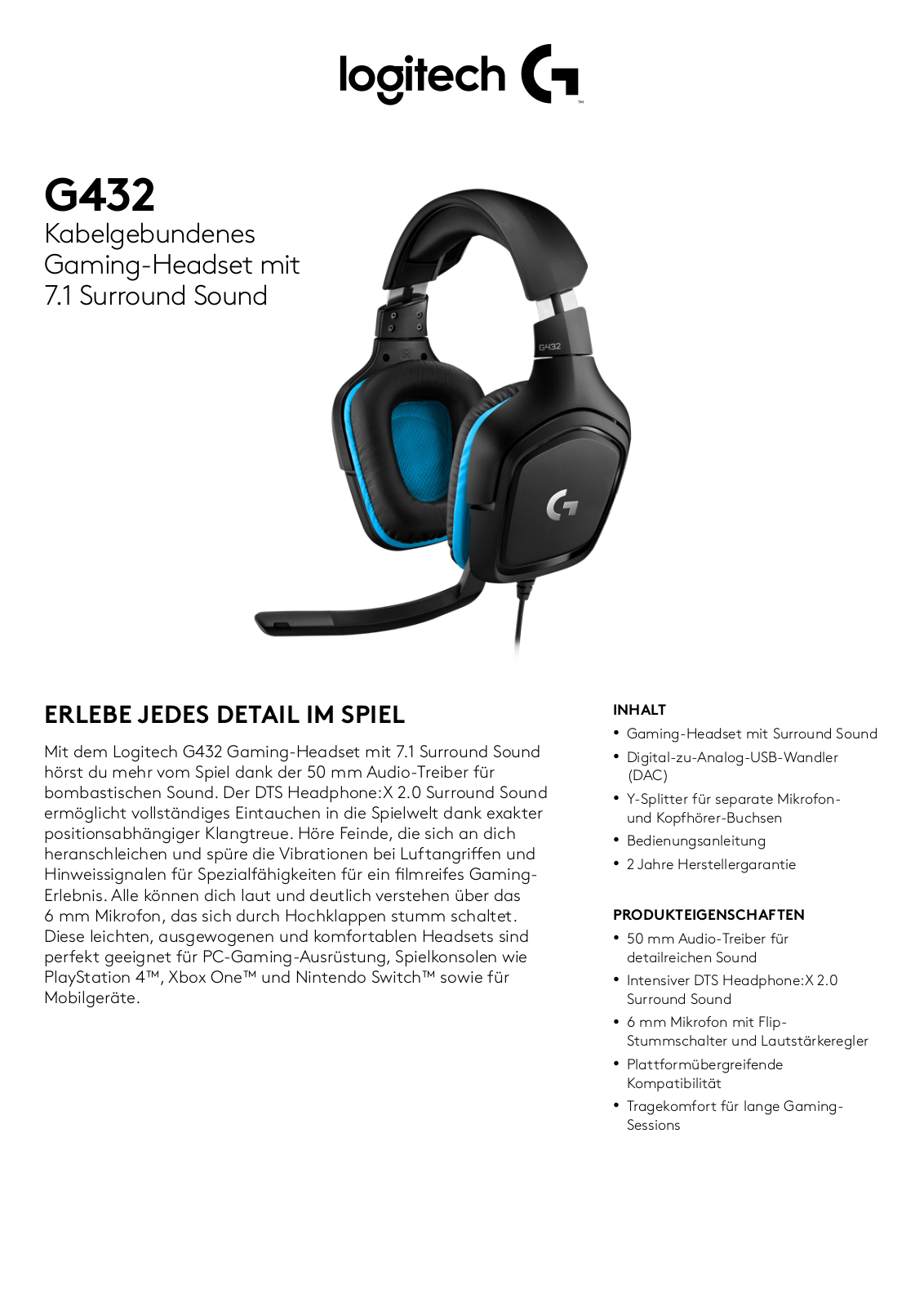 Logitech G432 Technical data