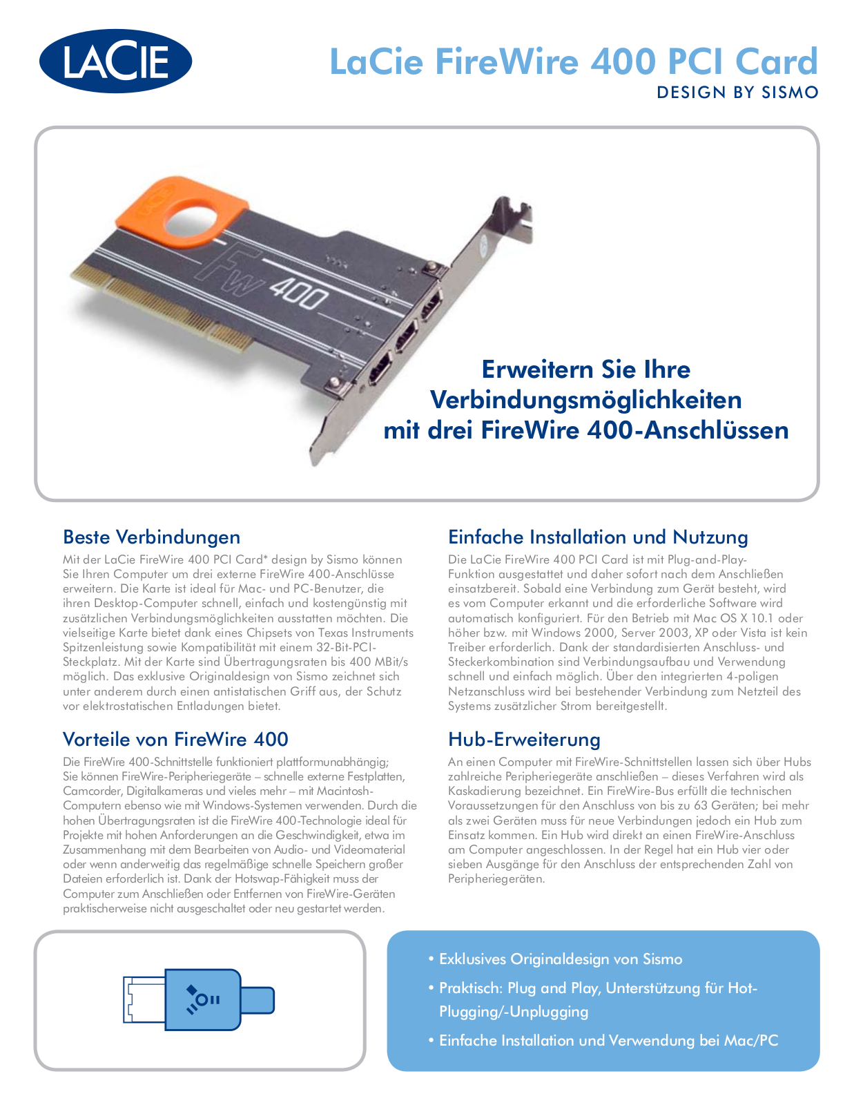 Lacie FIREWIRE 400 PCI CARD DATASHEET