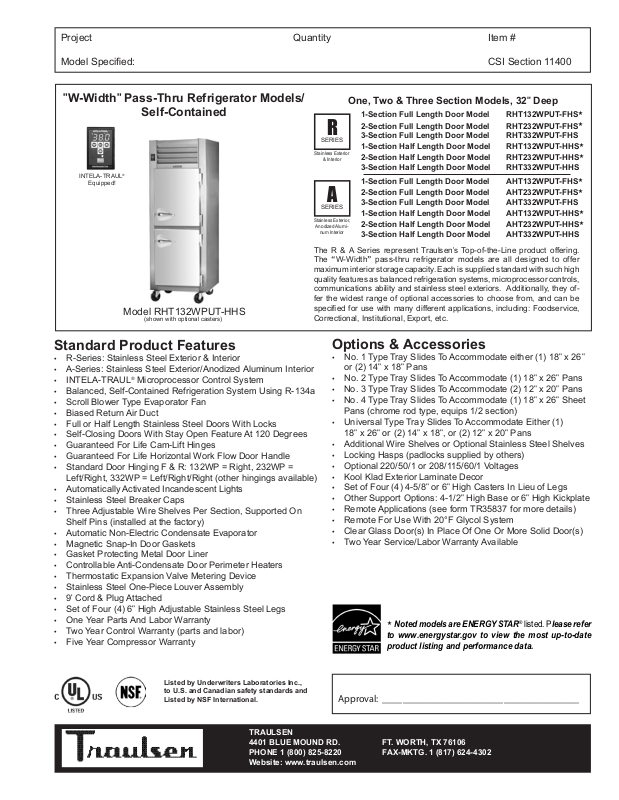 Traulsen RHT232WPUT-FHS, RHT132WPUT-HHS, RHT232WPUT-HHS, RHT332WPUT-HHS ...