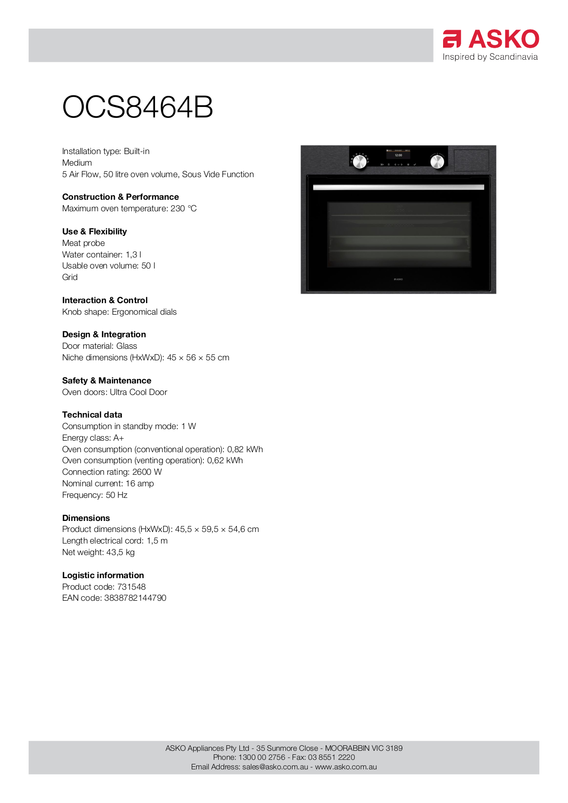 ASKO OCS8464B Specifications Sheet