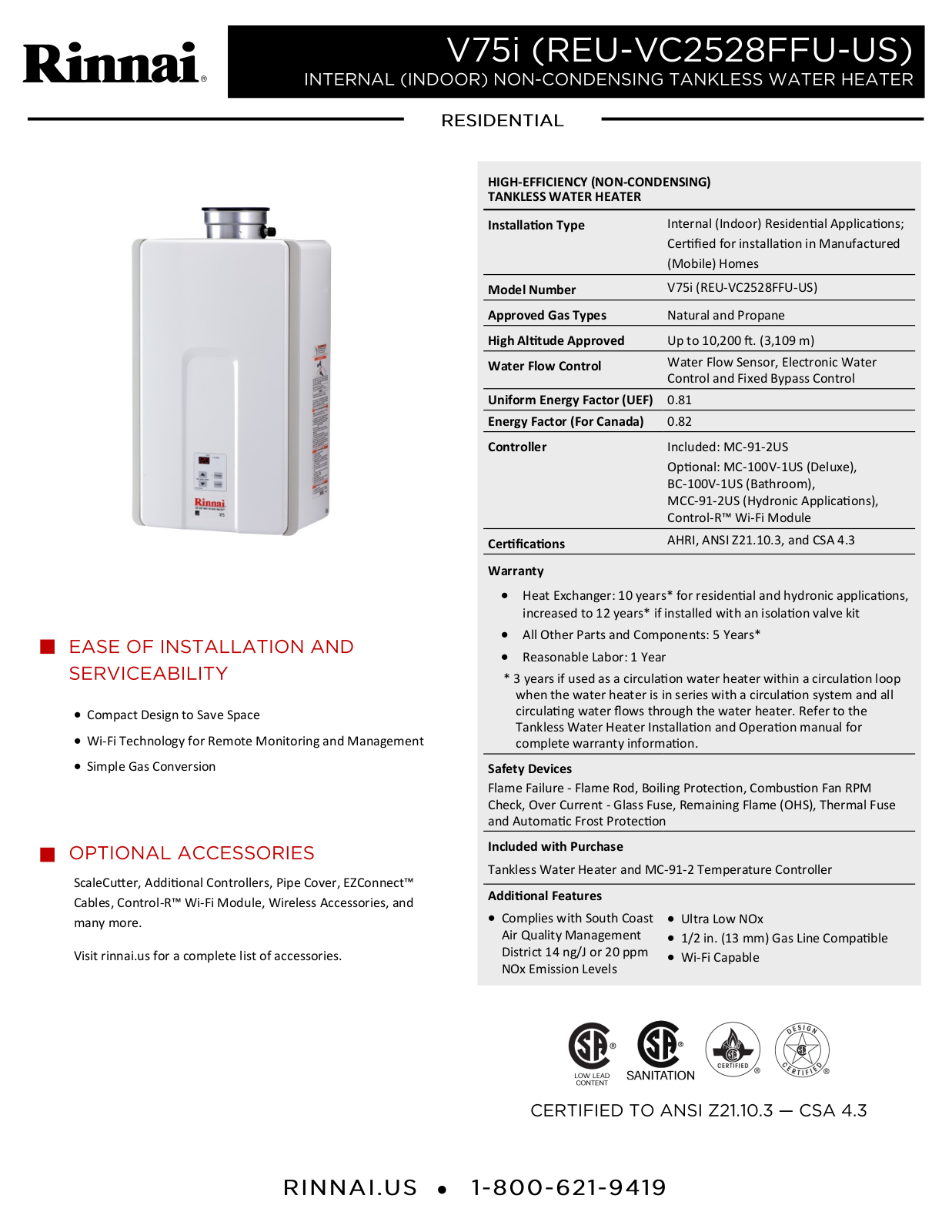 Rinnai Water Heater V75IP Specifications