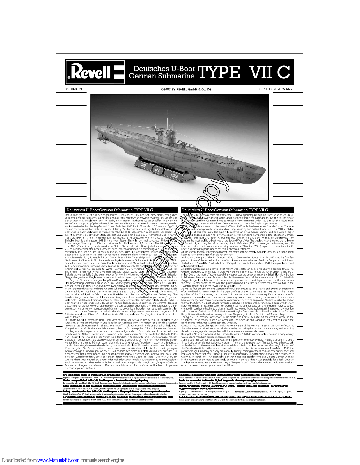 REVELL Type VII C, Deutsches U-Boot German Submarine Type VII C Assembly Manual