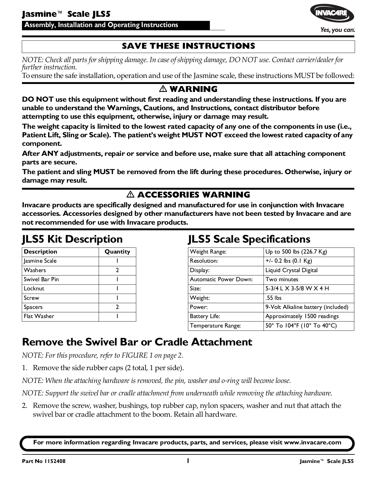 Invacare Jasmine JLS5 Installation And Operating Instructions Manual