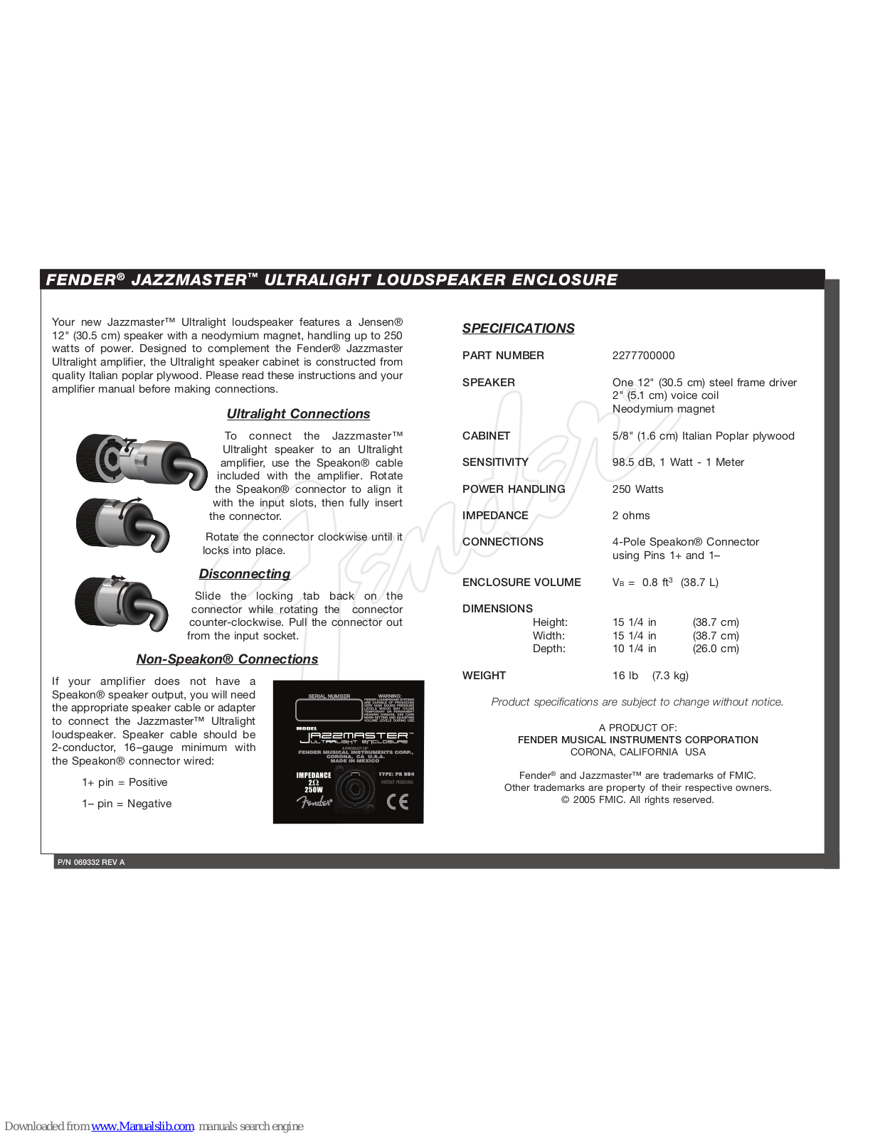 Fender JAZZMASTER 2277700000, JAZZMASTER ULTRALIGHT 112 ENCLOSURE, JAZZMASTER User Manual