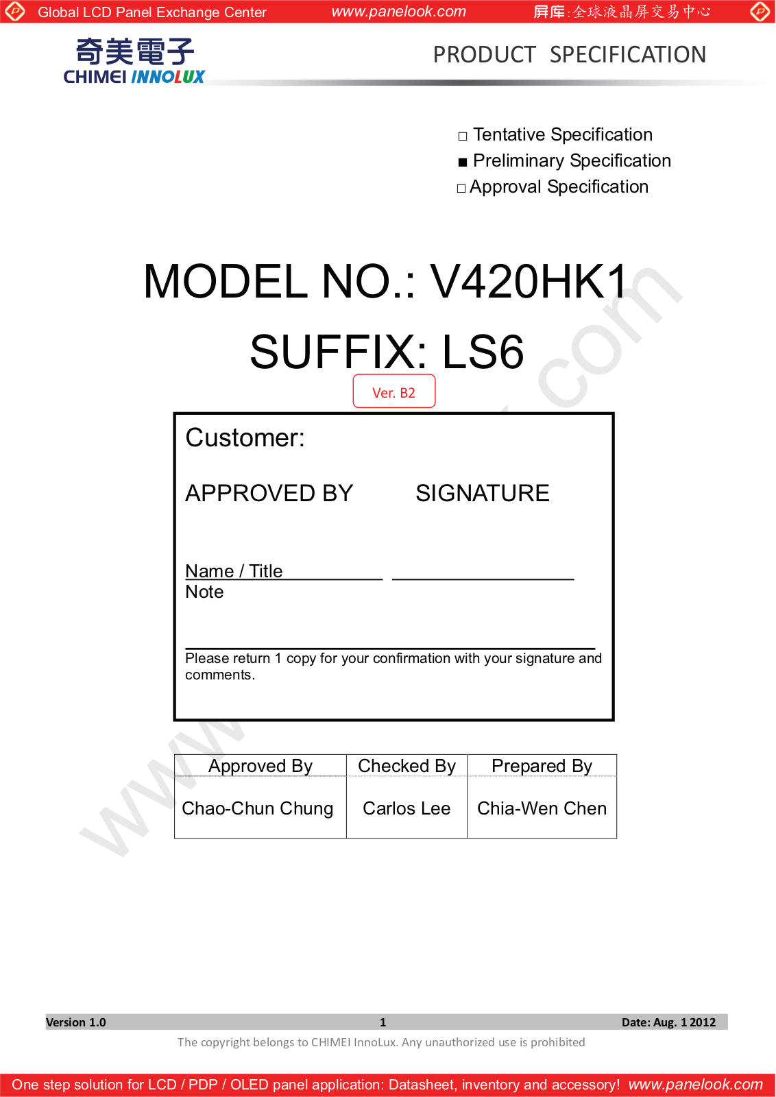 CHIMEI INNOLUX V420HK1-LS6 Specification