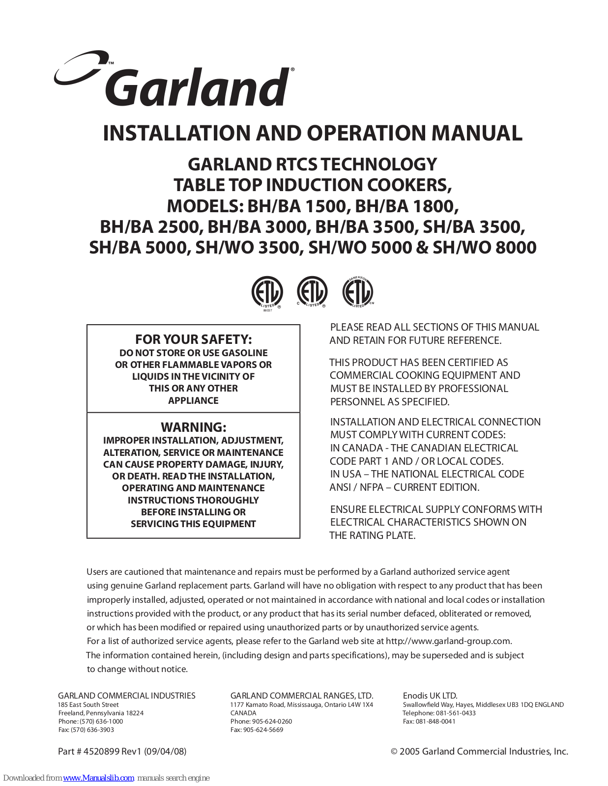 Garland BH/BA 1500, BH/BA 1800, BH/BA 2500, BH/BA 3000, BH/BA 3500 Installation And Operation Manual