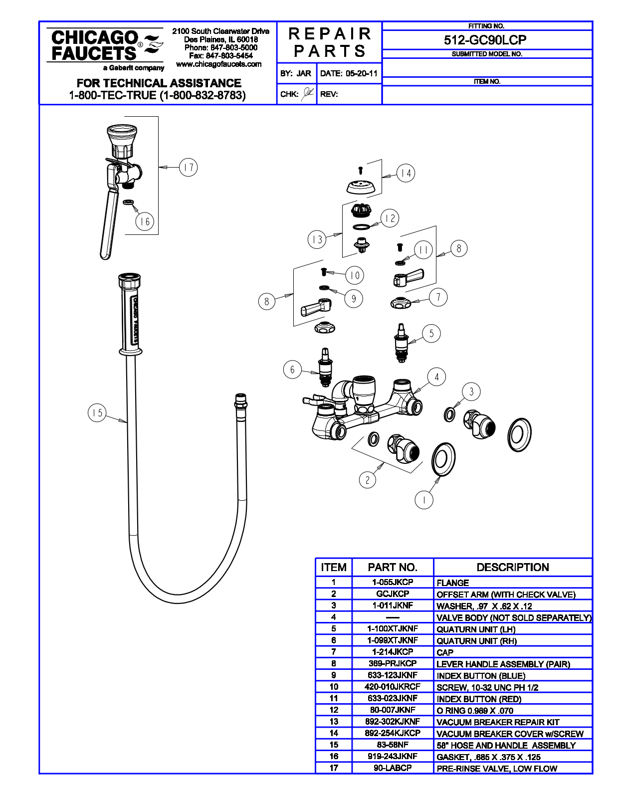 Chicago Faucet 512-GC90LCP Parts List