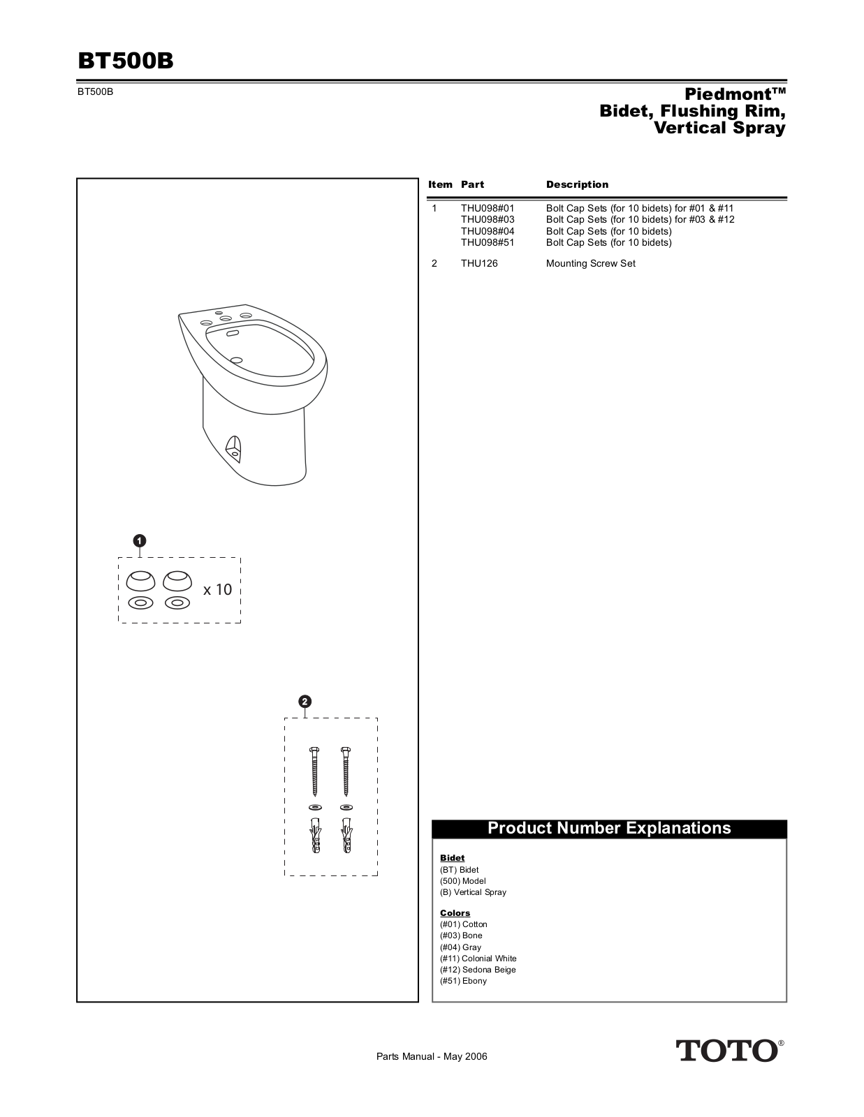 Toto BT500B01 User Manual