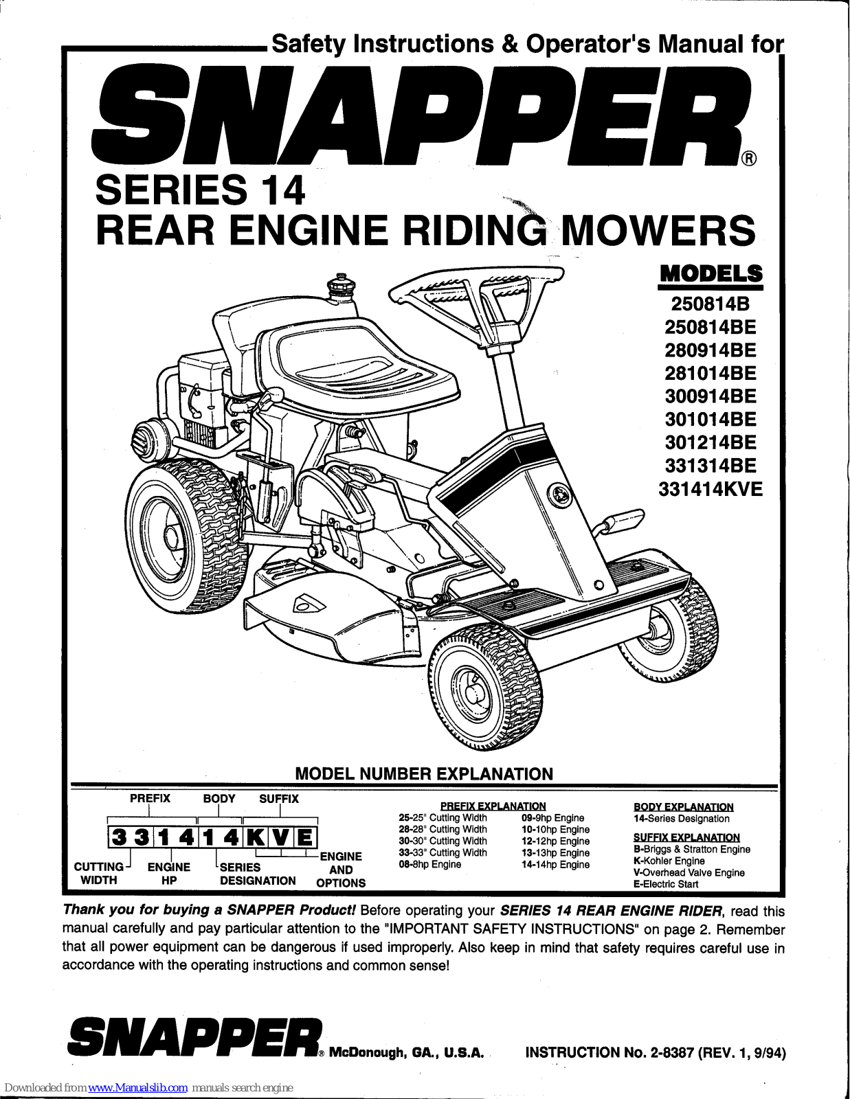 Snapper 250814B, 250814BE, 280914BE, 281014BE, 300914BE Safety Instructions & Operator's Manual