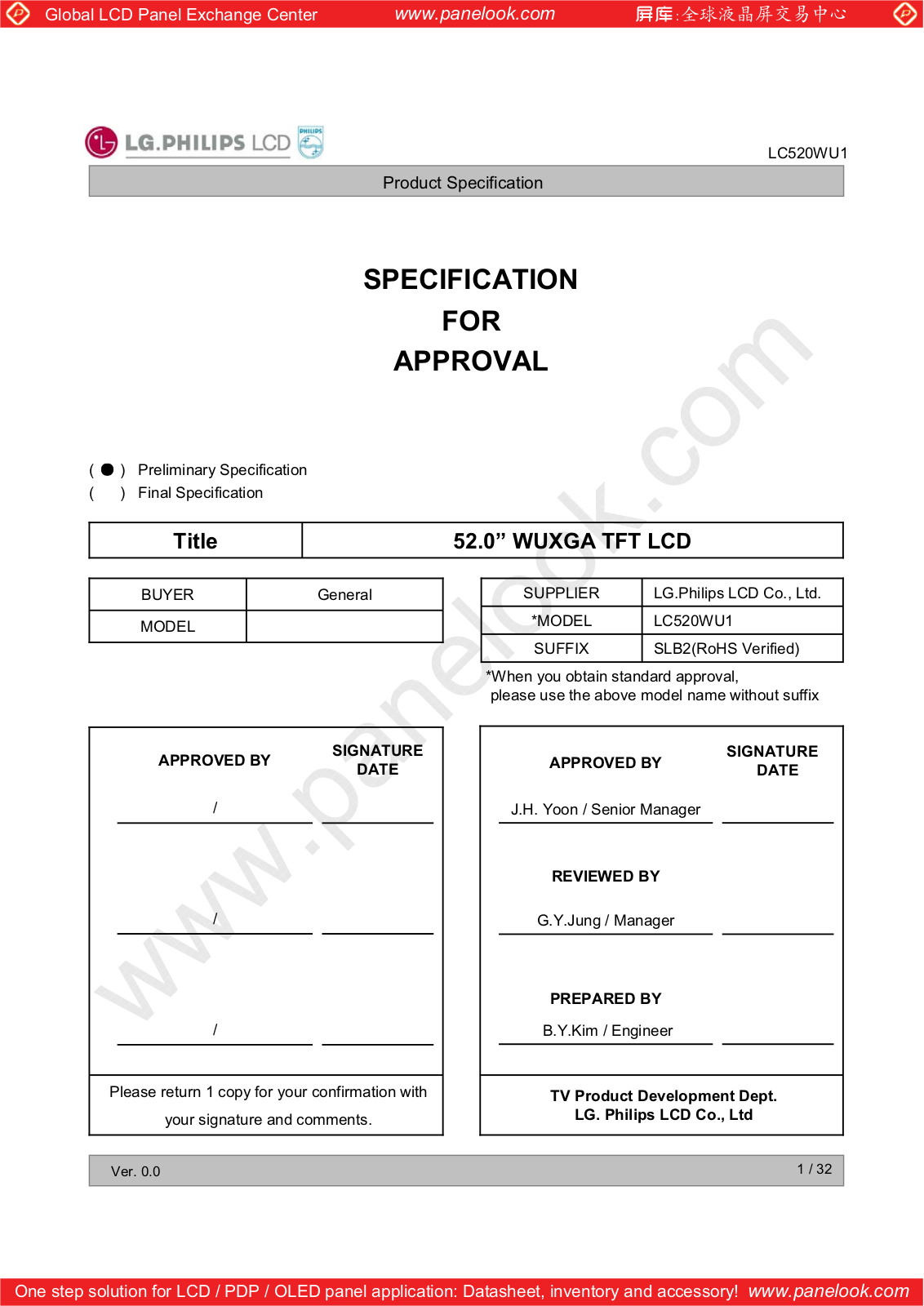 LG.Philips LCD LC520WU1-SLB2 Specification