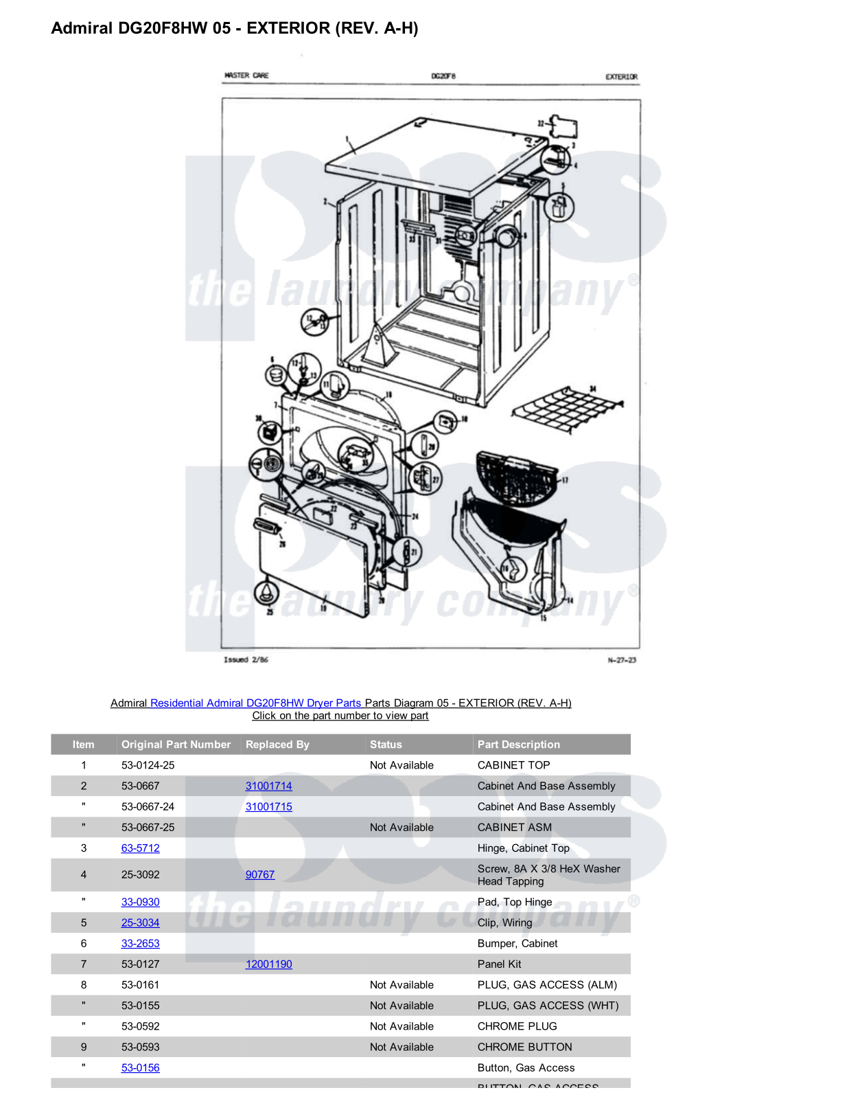 Admiral DG20F8HW Parts Diagram