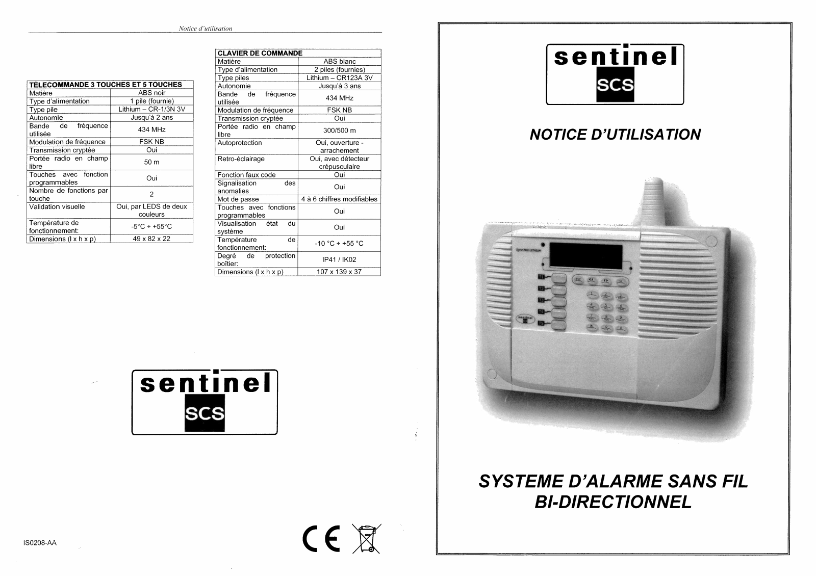 SENTINEL SCS SYSTEM D ALARME SANS FIL BI-DIRECTIONNEL User Manual